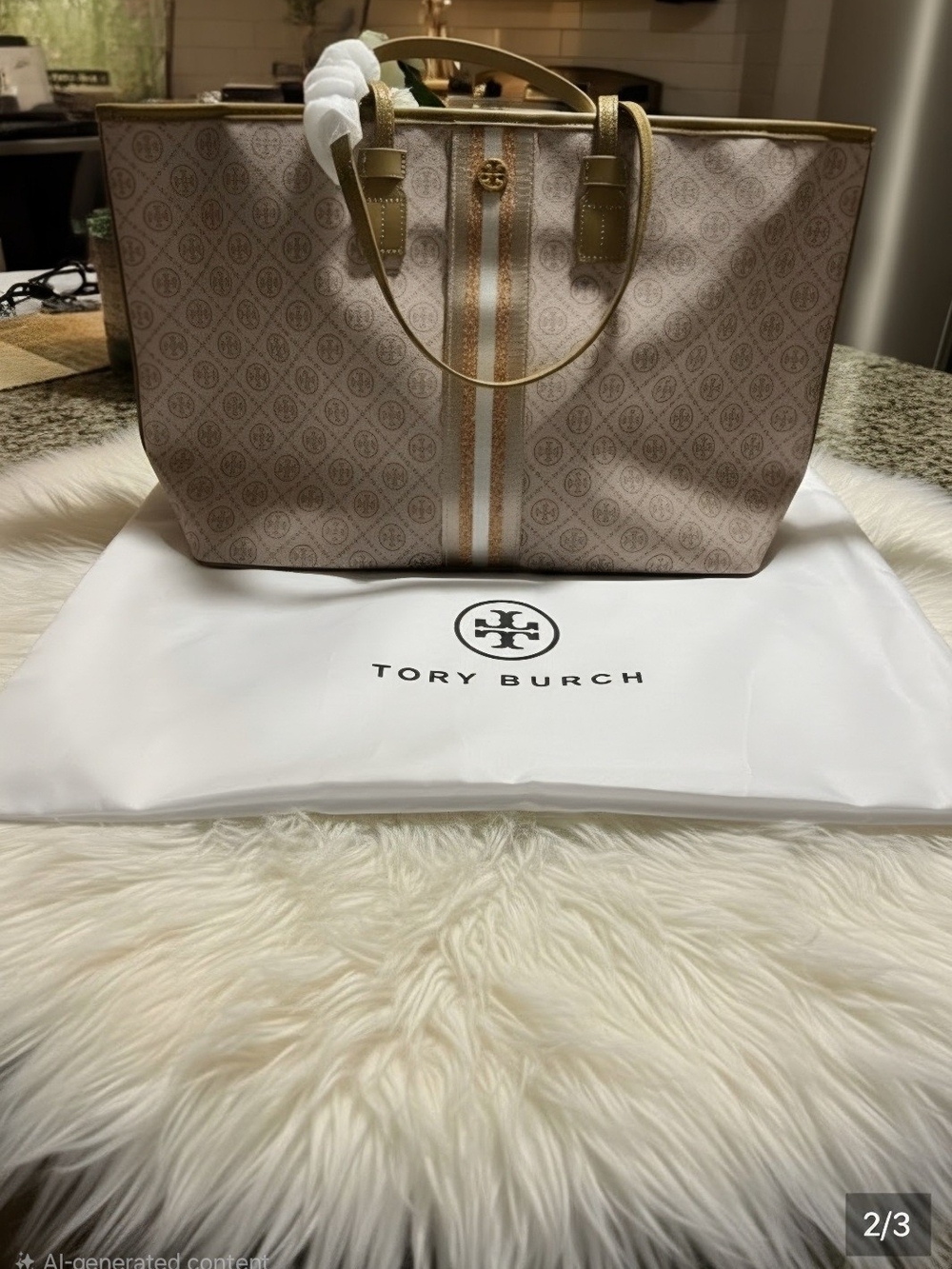 Tory Burch Blush Logo Stripe Tote with Gold Accents